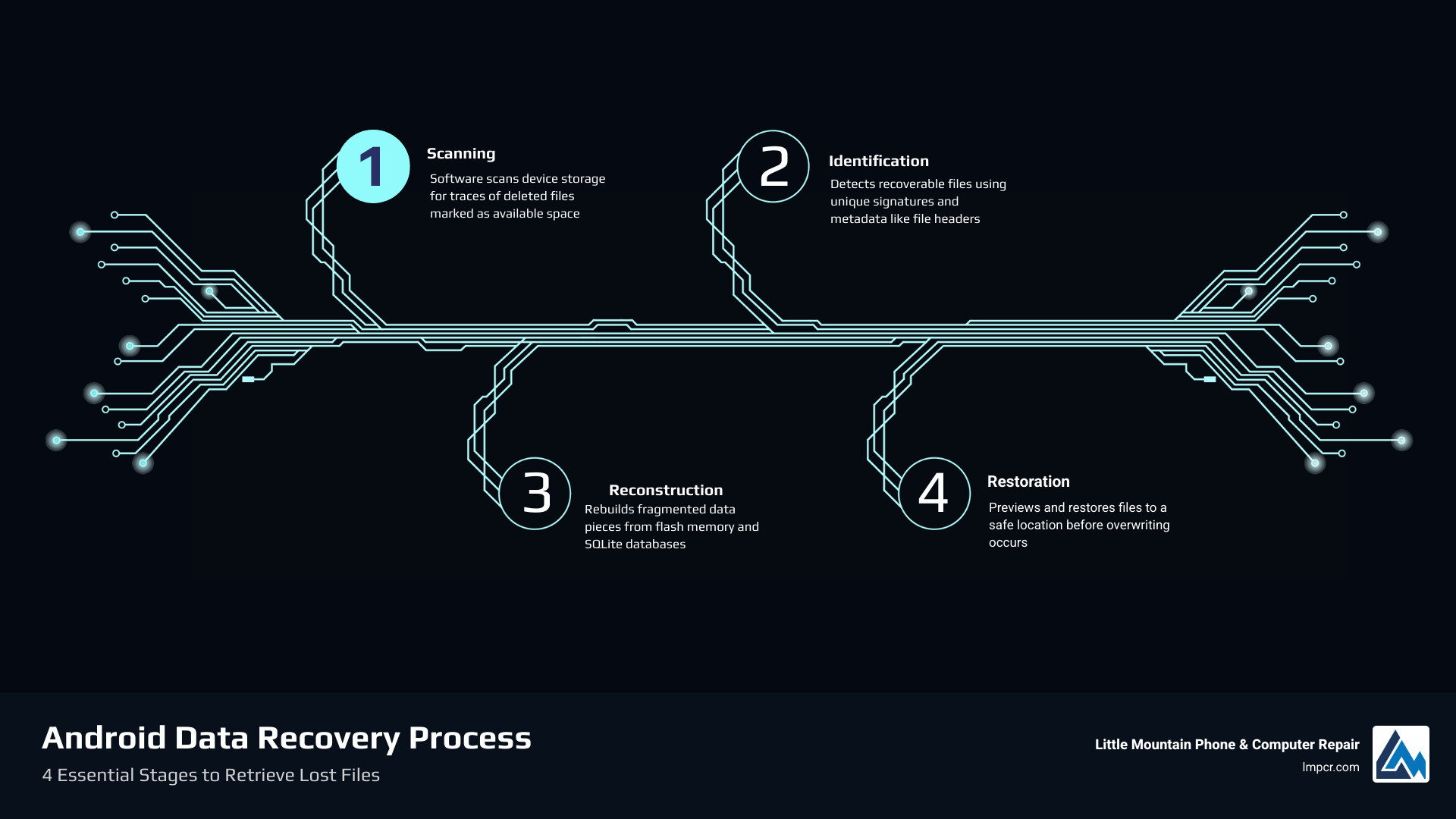 Android data recovery process infographic showing four stages: 1) Scanning device storage for deleted file traces, 2) Identifying files by unique signatures and metadata, 3) Reconstructing fragmented data pieces, 4) Restoring files to safe location. Includes common data types recovered: photos, videos, contacts, messages, documents, and app data. Shows timeline: Act immediately after data loss, avoid device use to prevent overwriting, recovery success decreases over time. - Android data recovery infographic infographic-4-steps-tech
