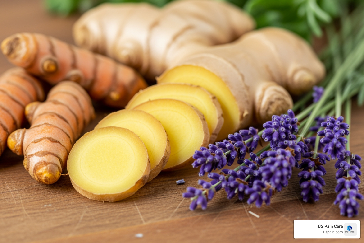 Natural herbal ingredients used for pain relief including turmeric, ginger, and lavender - natural pain relief techniques