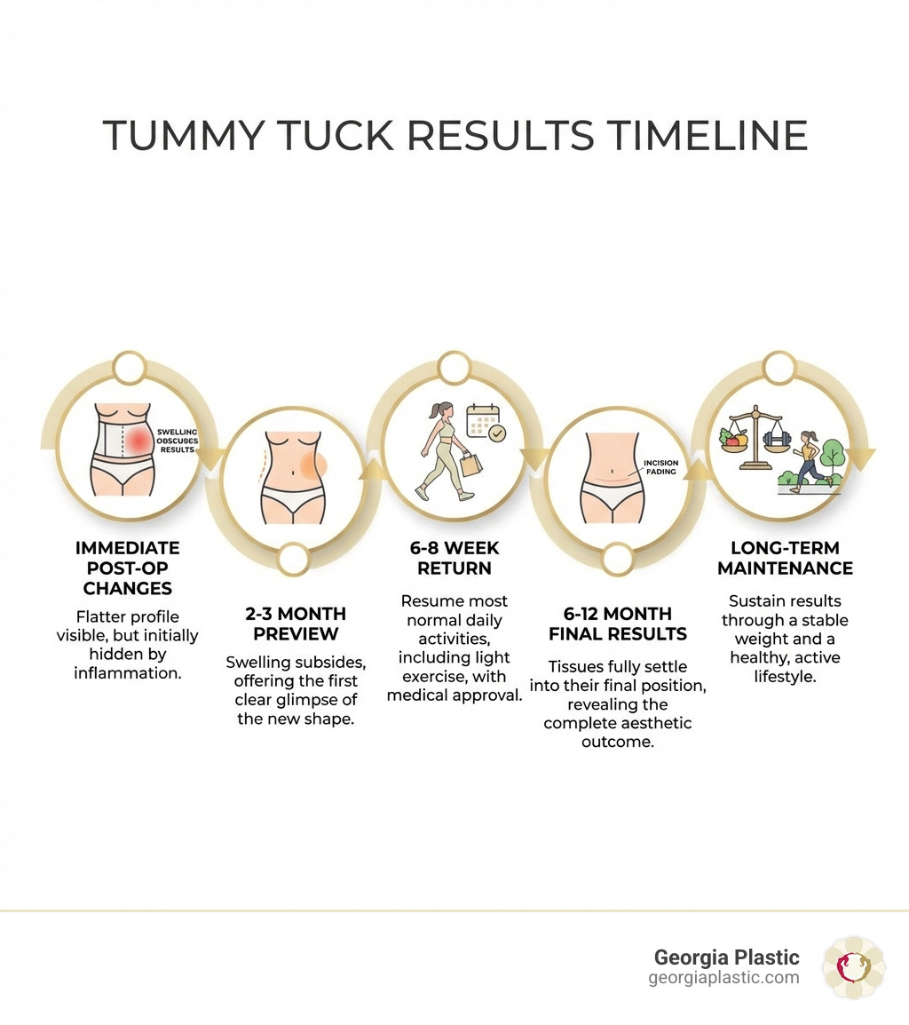 Infographic showing the tummy tuck results timeline: immediate post-op changes with swelling, 2-3 month preview as swelling subsides, 6-8 week return to normal activities, 6-12 month final results as tissues fully settle, and long-term maintenance through stable weight and healthy lifestyle - tummy tuck results infographic 