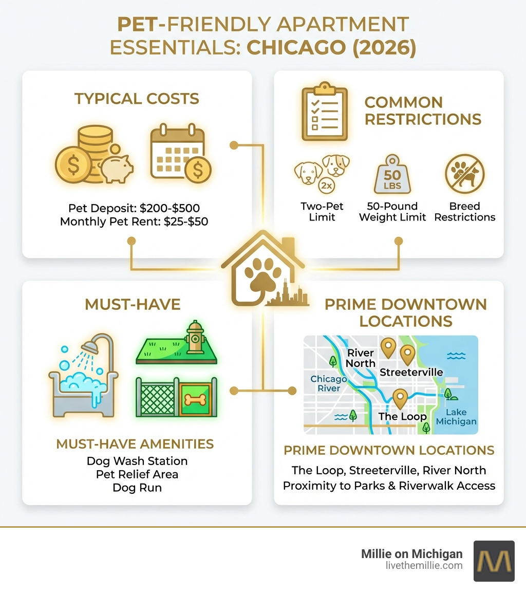 infographic showing pet-friendly apartment essentials including typical costs breakdown (pet deposit $200-$500, monthly pet rent $25-$50), common restrictions (two-pet limit, 50-pound weight limit, breed restrictions), must-have amenities (dog wash station, pet relief area, dog run), and prime downtown locations (The Loop, Streeterville, River North) with proximity to parks and riverwalk access - pet friendly apartment chicago infographic 