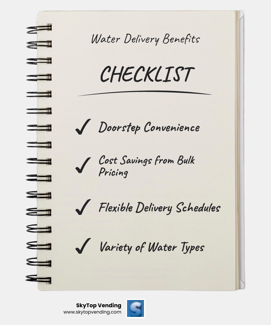 infographic showing benefits of scheduled water delivery including doorstep convenience, cost savings from bulk pricing, flexible delivery schedules, variety of water types available, dispenser rental options, and online order management through apps - buy drinking water online infographic checklist-notebook infographic showing benefits of scheduled water delivery including doorstep convenience, cost savings from bulk pricing, flexible delivery schedules, variety of water types available, dispenser rental options, and online order management through apps - buy drinking water online infographic checklist-notebook