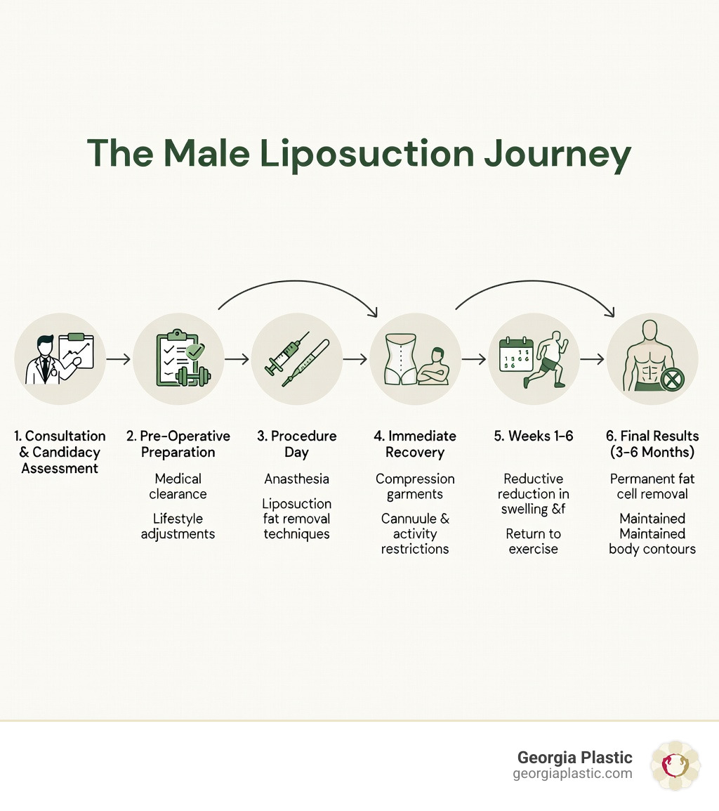 Infographic showing the male liposuction journey: consultation and candidacy assessment, pre-operative preparation including medical clearance and lifestyle adjustments, procedure day with anesthesia options and fat removal techniques, immediate recovery with compression garments and activity restrictions, weeks 1-6 showing progressive reduction in swelling and return to exercise, and final results at 3-6 months with permanent fat cell removal and maintained body contours - male liposuction before and after infographic 