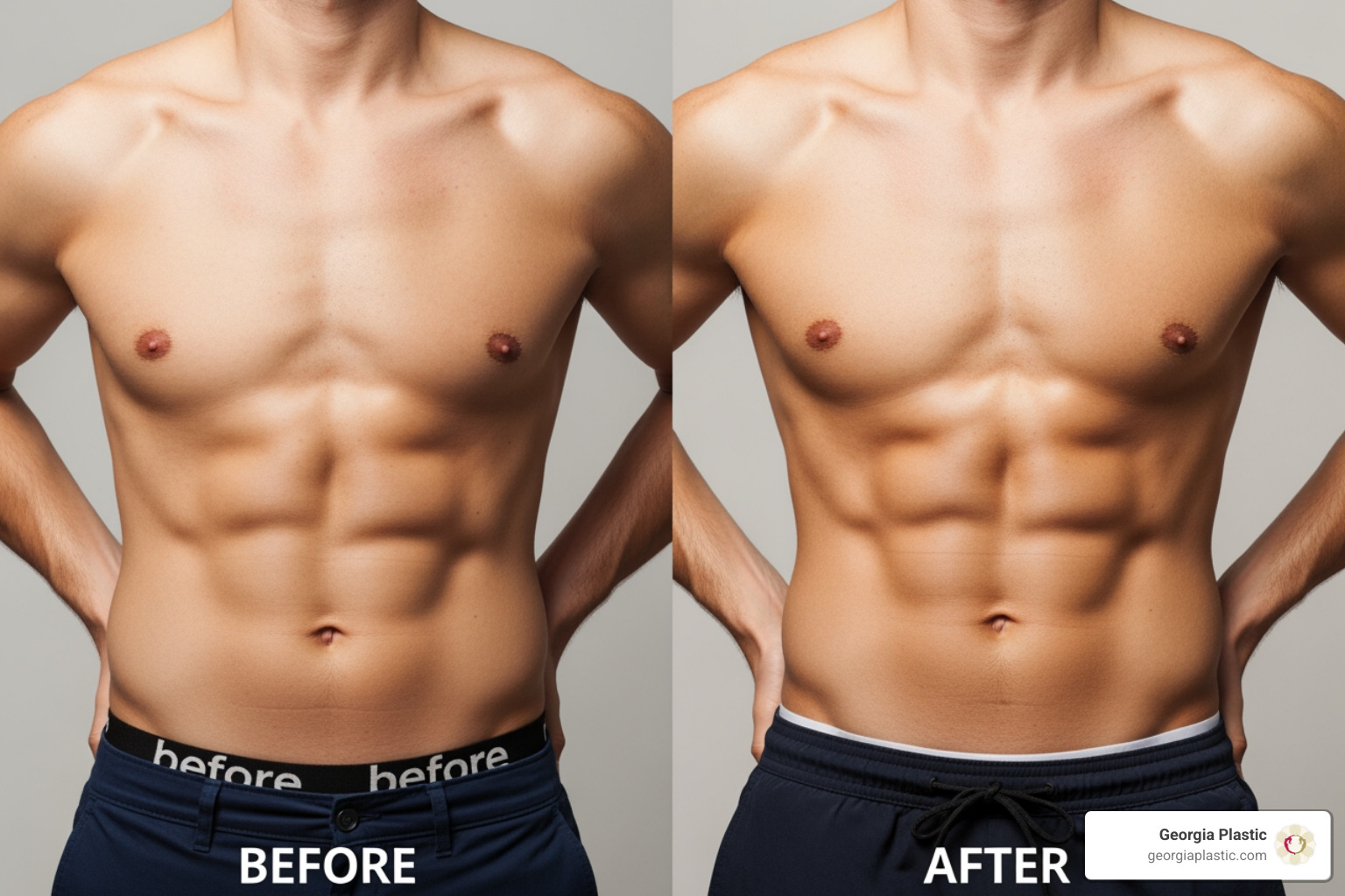 Abdominal contouring results showing the transition from a soft midsection to a defined, athletic appearance - male liposuction before and after
