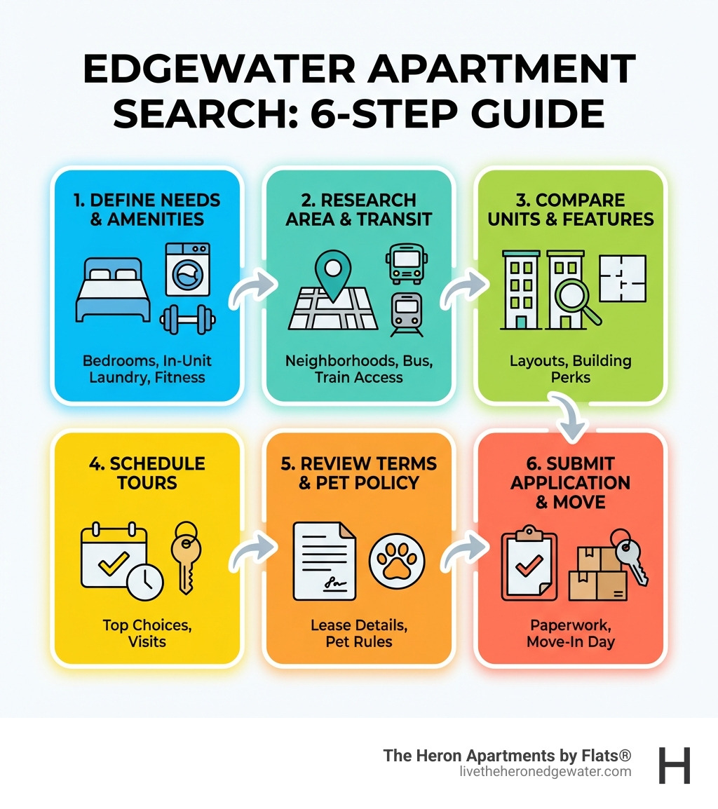 Infographic showing Edgewater apartment search steps: 1. Determine bedroom needs and must-have amenities, 2. Research neighborhoods and transit access, 3. Compare available units and building features, 4. Schedule tours at top choices, 5. Review lease terms and pet policies, 6. Submit application and move-in paperwork - Apartments for rent Edgewater infographic 