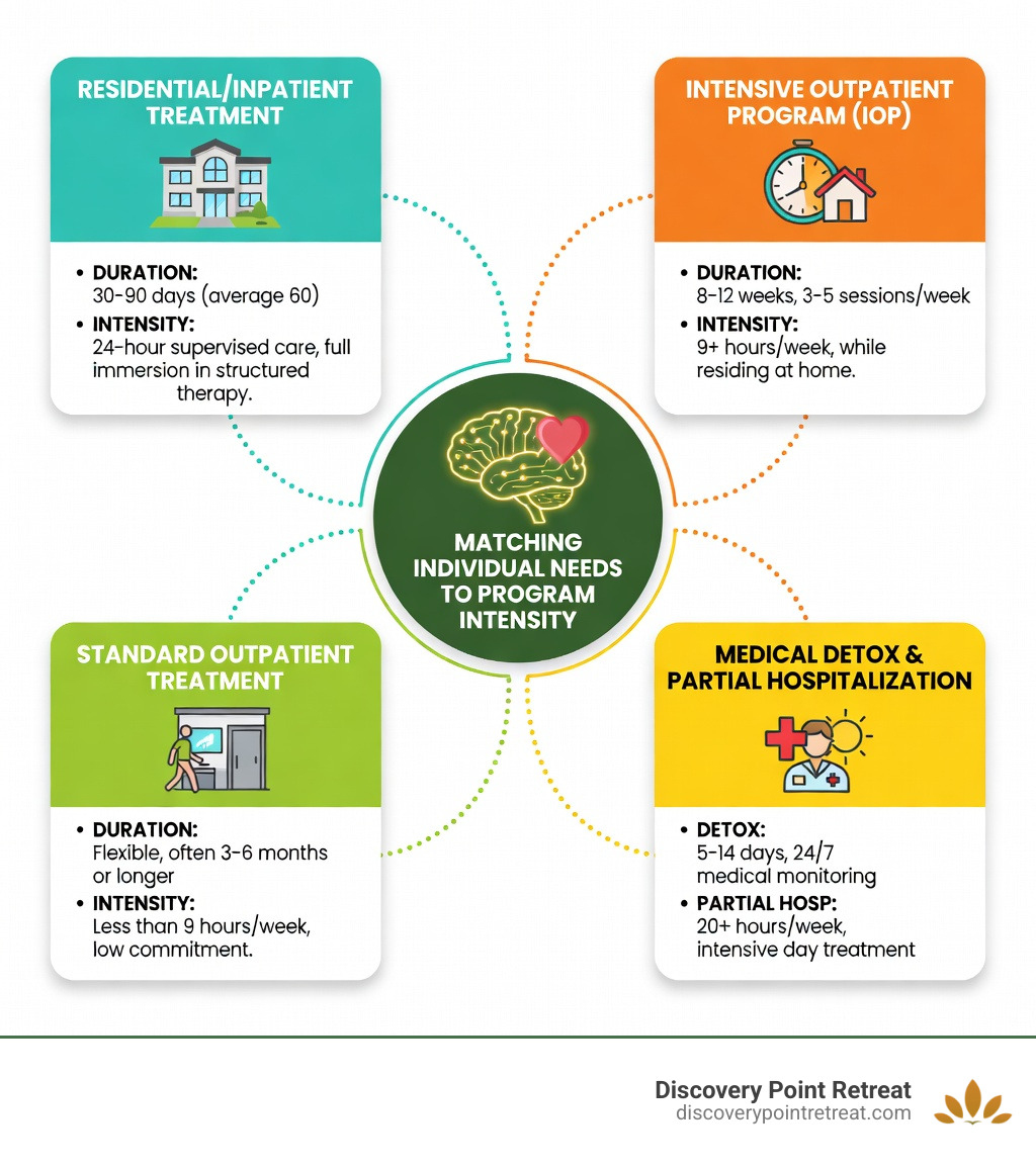 infographic showing types of drug rehabilitation programs with treatment duration and intensity levels - programs for drug rehabilitation infographic infographic showing types of drug rehabilitation programs with treatment duration and intensity levels - programs for drug rehabilitation infographic