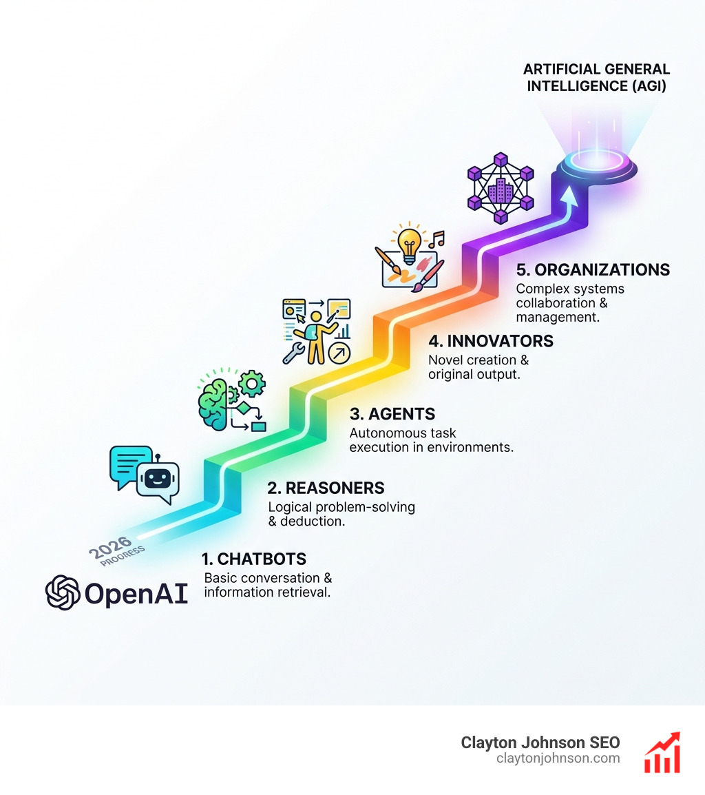 Graphic illustrating the 5 levels of AI on the path to AGI: 1. Chatbots, 2. Reasoners, 3. Agents, 4. Innovators, 5. Organizations - OpenAI infographic 