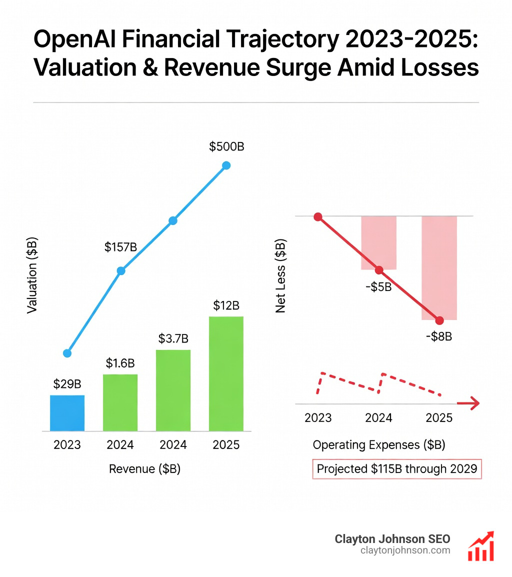 OpenAI financial growth chart 2023-2025 showing valuation and revenue skyrocketing despite massive operating losses - OpenAI infographic 