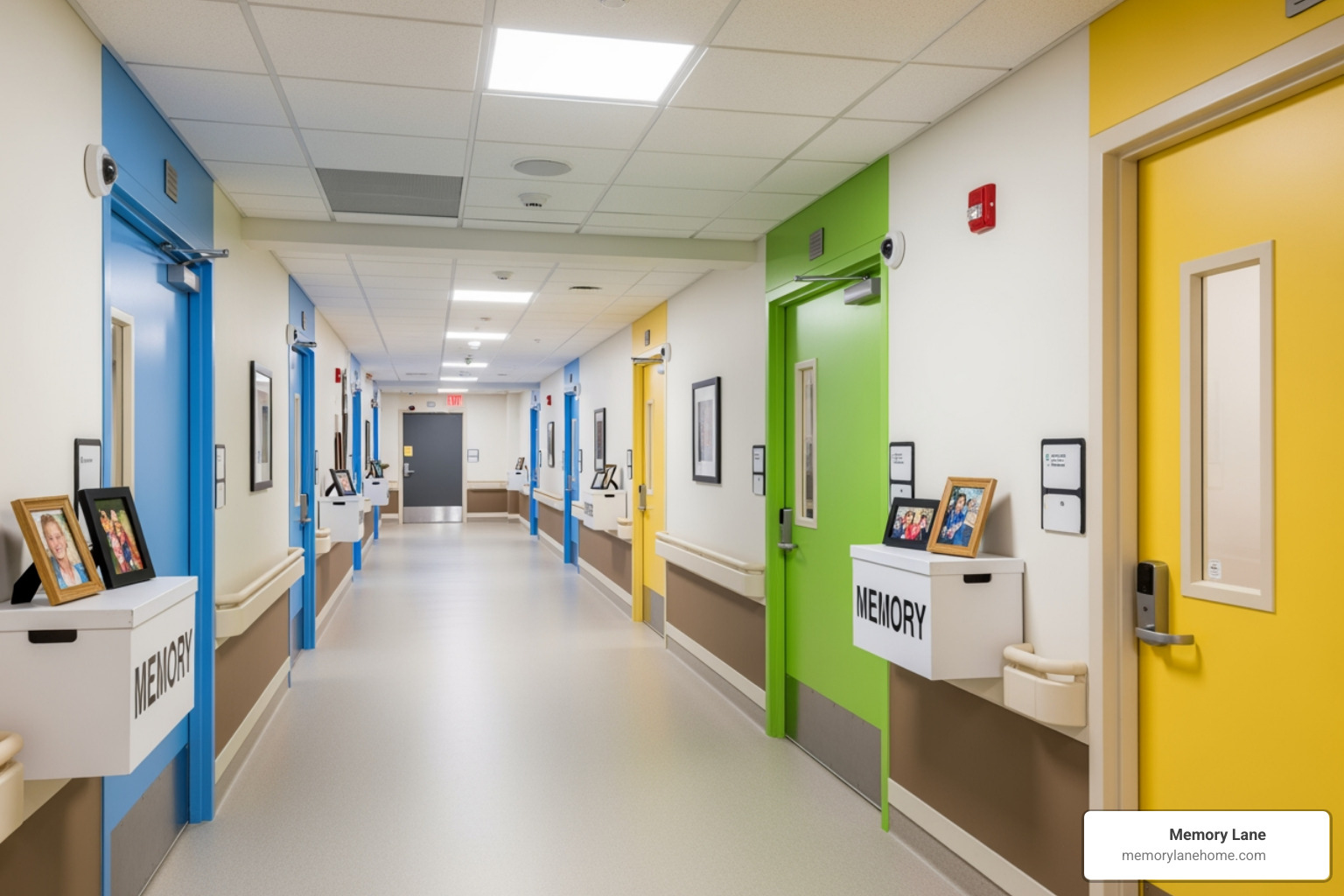 a secure residential memory care wing showing color-coded doors and wide hallways - memory care delray beach comparison