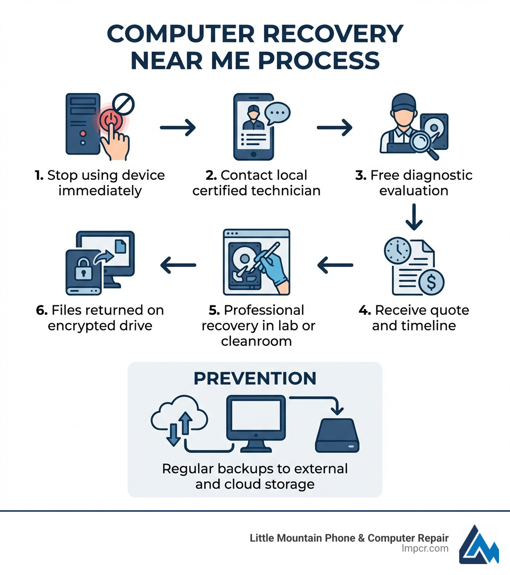 Infographic showing the computer recovery near me process: Step 1 - Stop using device immediately; Step 2 - Contact local certified technician; Step 3 - Free diagnostic evaluation; Step 4 - Receive quote and timeline; Step 5 - Professional recovery in lab or cleanroom; Step 6 - Files returned on encrypted drive; Prevention - Regular backups to external and cloud storage - computer recovery near me infographic 