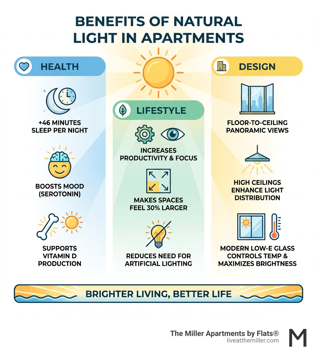 Benefits of Natural Light in Apartments: Health - improves sleep quality by 46 minutes per night, boosts mood through serotonin, supports vitamin D production; Lifestyle - increases productivity and focus, makes spaces feel 30% larger, reduces need for artificial lighting; Design - floor-to-ceiling windows provide panoramic views, high ceilings enhance light distribution, modern Low-E glass controls temperature while maximizing brightness - apartments with natural light infographic 