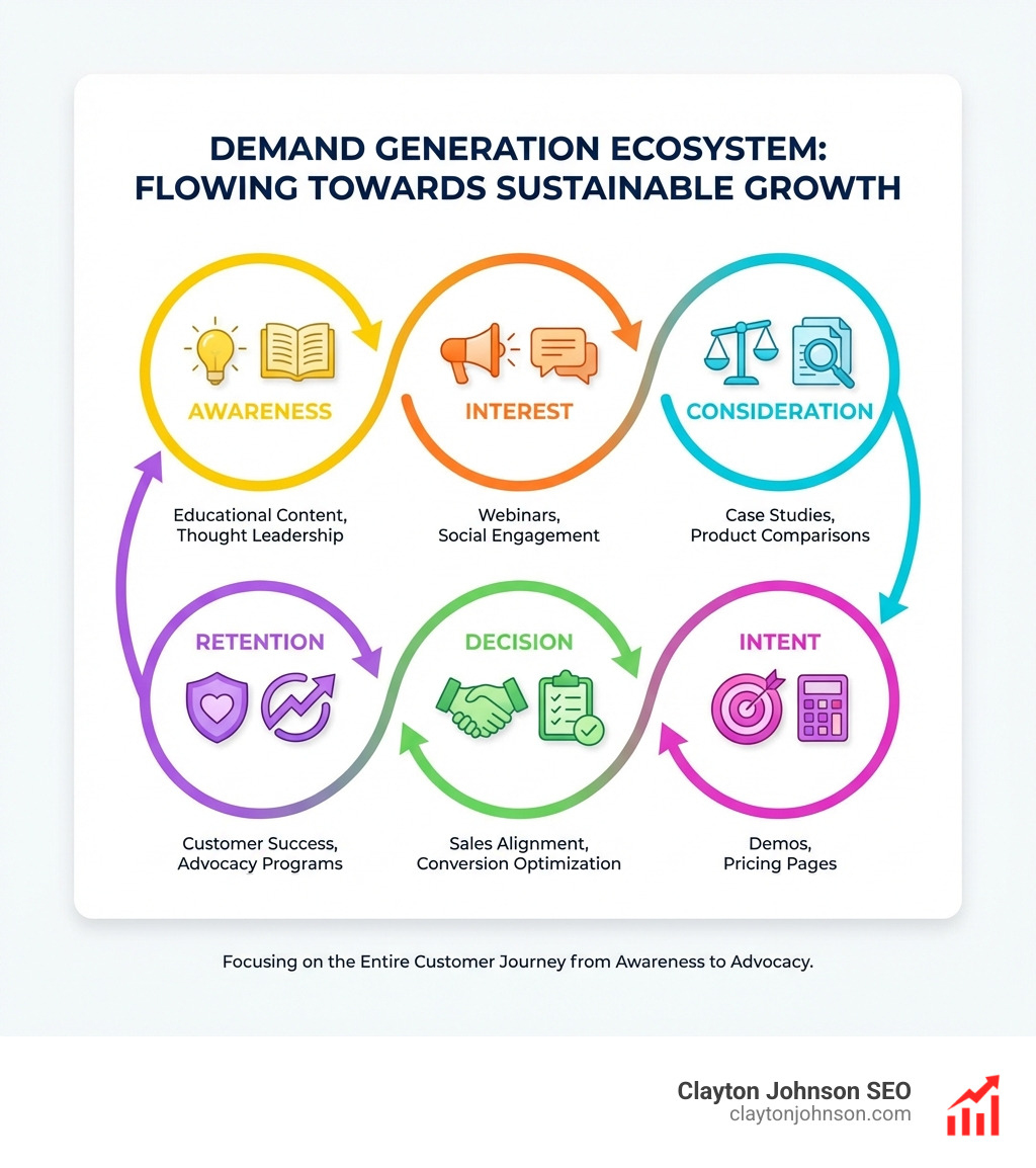 Infographic showing the demand generation ecosystem: awareness stage with educational content and thought leadership, interest stage with webinars and social engagement, consideration stage with case studies and product comparisons, intent stage with demos and pricing pages, decision stage with sales alignment and conversion optimization, and retention stage with customer success and advocacy programs - Demand Generation infographic Infographic showing the demand generation ecosystem: awareness stage with educational content and thought leadership, interest stage with webinars and social engagement, consideration stage with case studies and product comparisons, intent stage with demos and pricing pages, decision stage with sales alignment and conversion optimization, and retention stage with customer success and advocacy programs - Demand Generation infographic