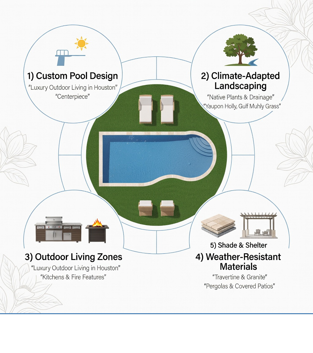 Infographic showing the 5 essential pillars of luxury outdoor living in Houston: 1) Custom Pool Design as the centerpiece, 2) Climate-Adapted Landscaping with native plants and drainage, 3) Outdoor Living Zones including kitchens and fire features, 4) Weather-Resistant Materials like travertine and granite, 5) Shade and Shelter through pergolas and covered patios - luxury backyard design Houston infographic Infographic showing the 5 essential pillars of luxury outdoor living in Houston: 1) Custom Pool Design as the centerpiece, 2) Climate-Adapted Landscaping with native plants and drainage, 3) Outdoor Living Zones including kitchens and fire features, 4) Weather-Resistant Materials like travertine and granite, 5) Shade and Shelter through pergolas and covered patios - luxury backyard design Houston infographic