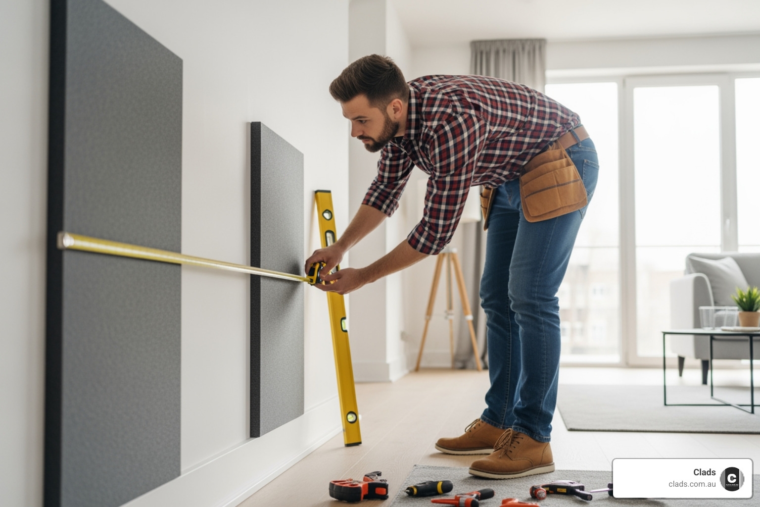 A professional installer using a tape measure to precisely align grey acoustic panels on a bright living room wall.