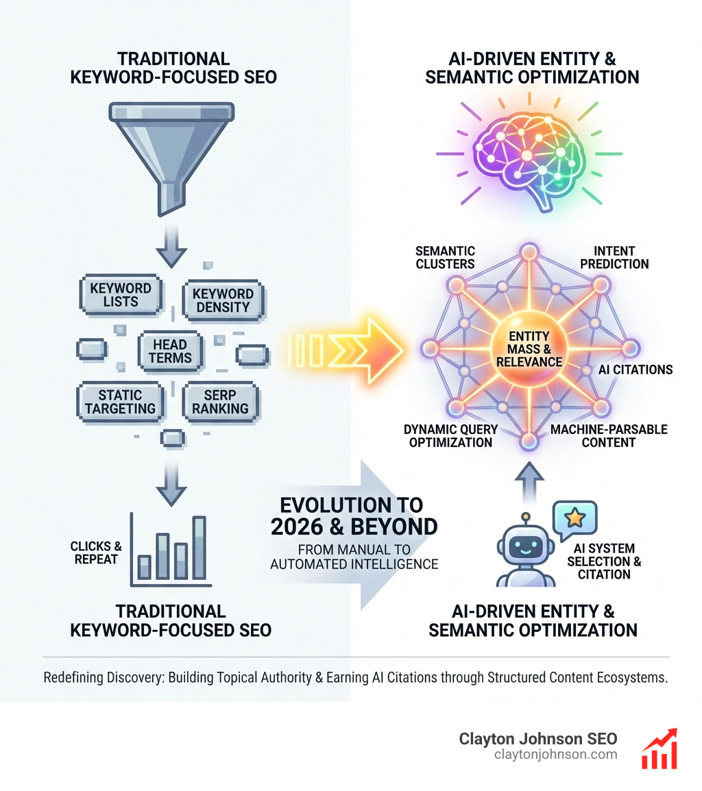 Evolution from traditional keyword-focused SEO to AI-driven entity and semantic optimization - AI driven keyword optimization infographic 