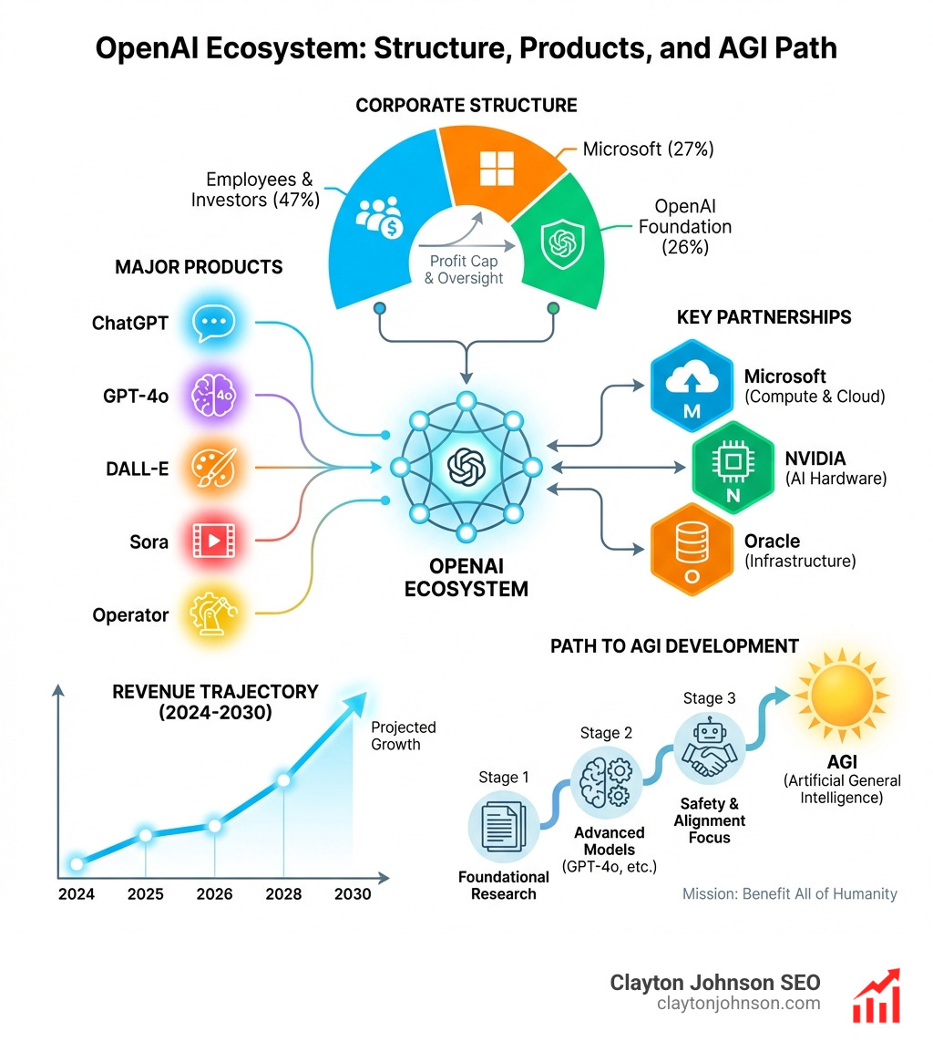 Detailed infographic showing the OpenAI ecosystem including corporate structure (OpenAI Foundation 26%, Microsoft 27%, employees and investors 47%), major products (ChatGPT, GPT-4o, DALL-E, Sora, Operator), key partnerships (Microsoft, NVIDIA, Oracle), revenue trajectory from 2024 to projected 2030, and the path to AGI development - OpenAI infographic 