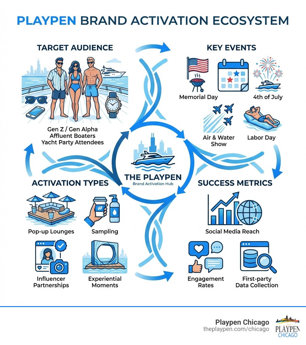 Infographic showing the Playpen brand activation ecosystem: Target Audience (Gen Z/Gen Alpha affluent boaters and yacht party attendees), Key Events (Memorial Day, 4th of July, Air & Water Show, Labor Day), Activation Types (pop-up lounges, sampling, influencer partnerships, experiential moments), and Success Metrics (social media reach, engagement rates, first-party data collection) - how brands can activate at the playpen chicago infographic 
