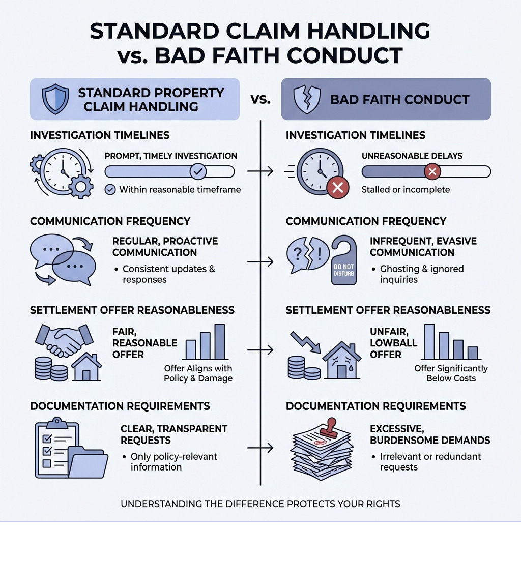 Infographic showing key differences between standard property claim handling and bad faith conduct, including investigation timelines, communication frequency, settlement offer reasonableness, and documentation requirements - Bad faith insurance claim infographic Infographic showing key differences between standard property claim handling and bad faith conduct, including investigation timelines, communication frequency, settlement offer reasonableness, and documentation requirements - Bad faith insurance claim infographic