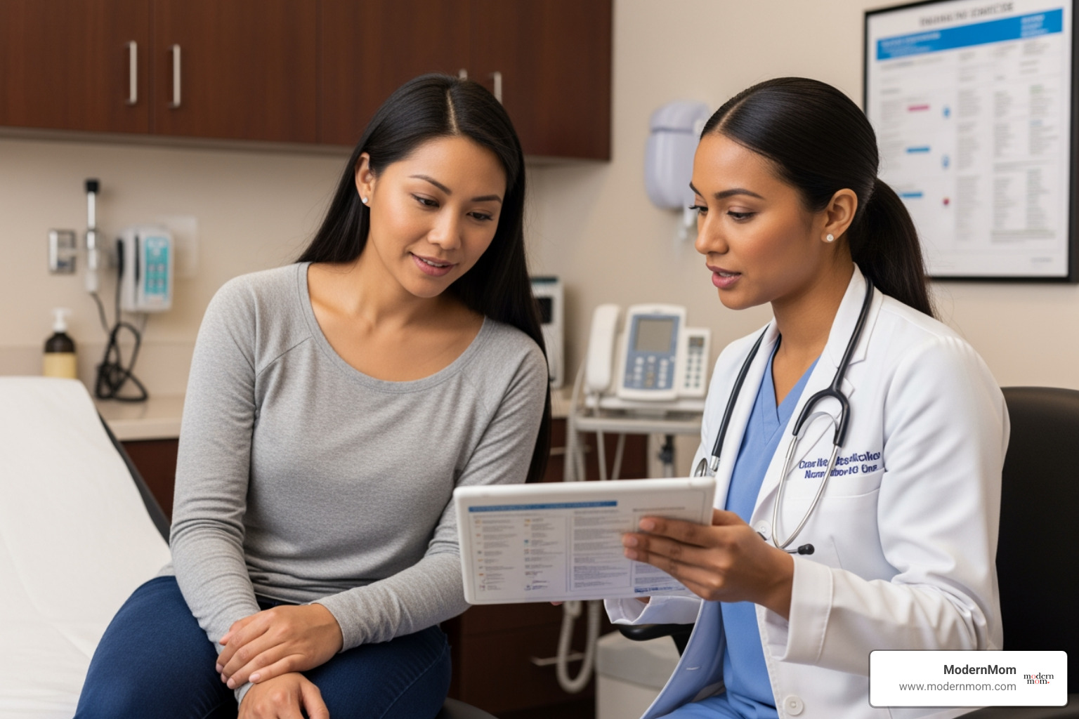 new mother consulting with a healthcare provider about returning to exercise - post pregnancy fitness classes