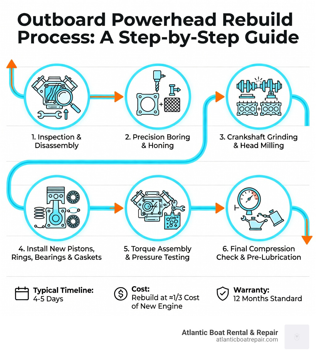 Infographic showing the outboard powerhead rebuild process: step 1 - inspection and disassembly of block and accessories; step 2 - precision boring and honing of cylinders; step 3 - crankshaft grinding and head milling; step 4 - installation of new pistons rings bearings and gaskets; step 5 - torque assembly and pressure testing; step 6 - final compression check and pre-lubrication; typical timeline 4-5 days; cost comparison showing rebuild at one-third cost of new engine; warranty information 12 months standard - Outboard powerhead rebuild infographic 