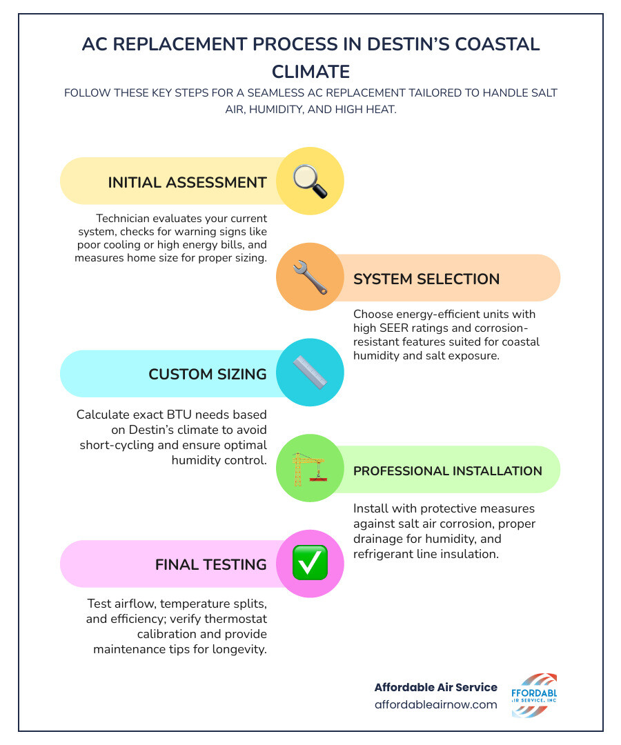 infographic showing the AC replacement process from initial assessment through system selection, installation, and final testing, with special considerations for Destin's coastal environment including humidity control and salt air protection - best ac replacement services in destin, fl infographic infographic-line-5-steps-colors infographic showing the AC replacement process from initial assessment through system selection, installation, and final testing, with special considerations for Destin's coastal environment including humidity control and salt air protection - best ac replacement services in destin, fl infographic infographic-line-5-steps-colors