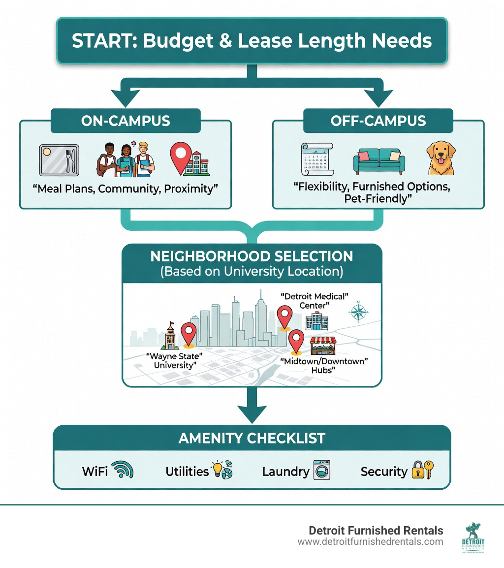 Infographic showing student housing decision tree: Start with budget and lease length needs, then choose between on-campus (meal plans, community, proximity) or off-campus (flexibility, furnished options, pet-friendly), followed by neighborhood selection based on university location, and ending with amenity checklist including WiFi, utilities, laundry, and security - Student housing Detroit infographic 