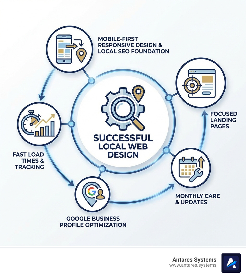 Infographic showing the key components of successful local web design: mobile-first responsive design connecting to local SEO foundation, leading to fast load times and tracking, integrated with Google Business Profile optimization, supported by focused landing pages, and maintained through monthly care and updates - web design near me infographic Infographic showing the key components of successful local web design: mobile-first responsive design connecting to local SEO foundation, leading to fast load times and tracking, integrated with Google Business Profile optimization, supported by focused landing pages, and maintained through monthly care and updates - web design near me infographic