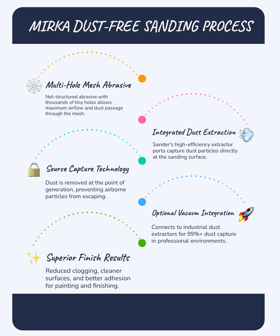 Infographic showing Mirka's dust-free sanding process: 1) Multi-hole mesh abrasive pattern allows dust extraction, 2) Sander's built-in dust collection captures particles at source, 3) Optional dust extractor provides maximum capture, 4) Cleaner air and surface throughout sanding, 5) Better finish quality with reduced clogging - mirka infographic infographic-line-5-steps-blues-accent_colors