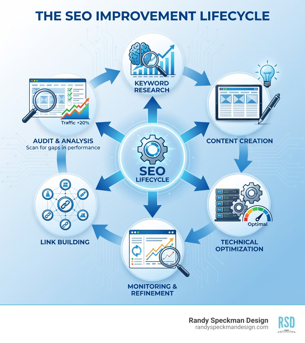 infographic showing the SEO improvement lifecycle from audit to keyword research to content creation to technical optimization to link building to monitoring and refinement - improve website ranking infographic 