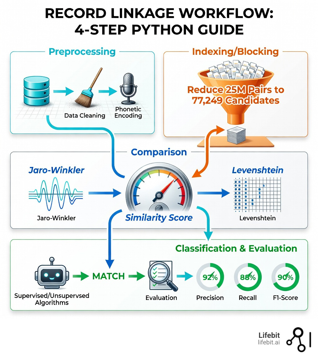 Infographic showing the four-step record linkage workflow: 1) Preprocessing with data cleaning and phonetic encoding, 2) Indexing/blocking to reduce candidate pairs from 25 million to 77,249, 3) Comparison using string similarity metrics like Jaro-Winkler and Levenshtein, and 4) Classification with supervised or unsupervised algorithms to identify matches, followed by evaluation using precision, recall, and F1-score - record linkage python infographic 