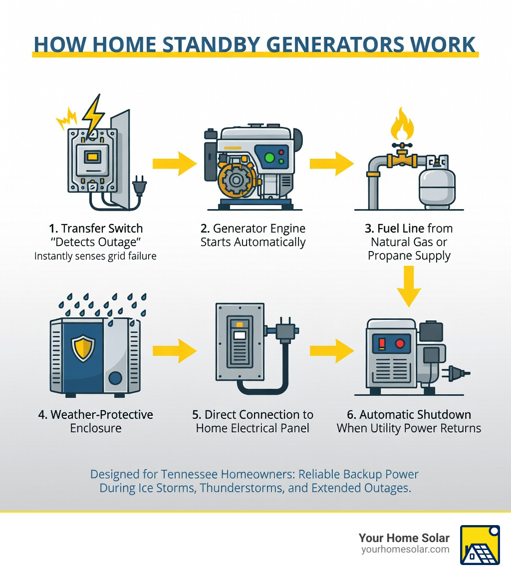 Infographic showing home generator components: transfer switch detects outage, generator engine starts automatically, fuel line from natural gas or propane supply, weather-protective enclosure, direct connection to home electrical panel, automatic shutdown when utility power returns - Home generators Tennessee infographic Infographic showing home generator components: transfer switch detects outage, generator engine starts automatically, fuel line from natural gas or propane supply, weather-protective enclosure, direct connection to home electrical panel, automatic shutdown when utility power returns - Home generators Tennessee infographic