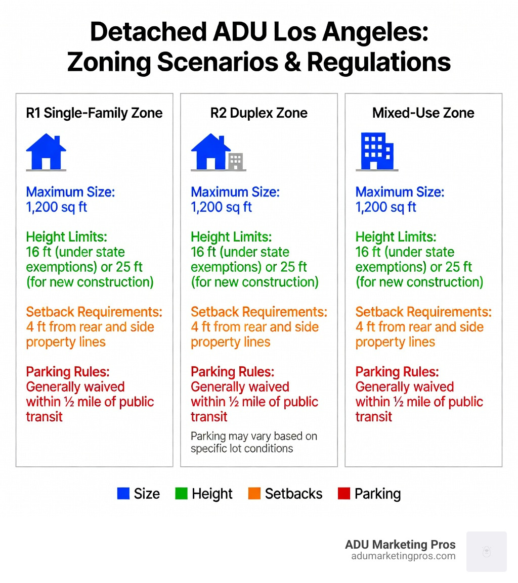 Los Angeles detached ADU types showing maximum sizes, setback requirements, parking rules, and height limits for different zoning scenarios - detached ADU Los Angeles infographic 