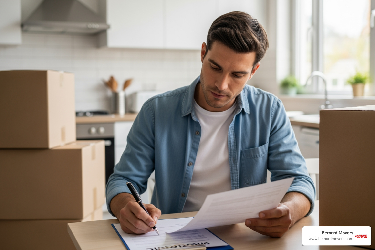 homeowner reviewing a moving contract in a kitchen - moving company estimates homeowner reviewing a moving contract in a kitchen - moving company estimates