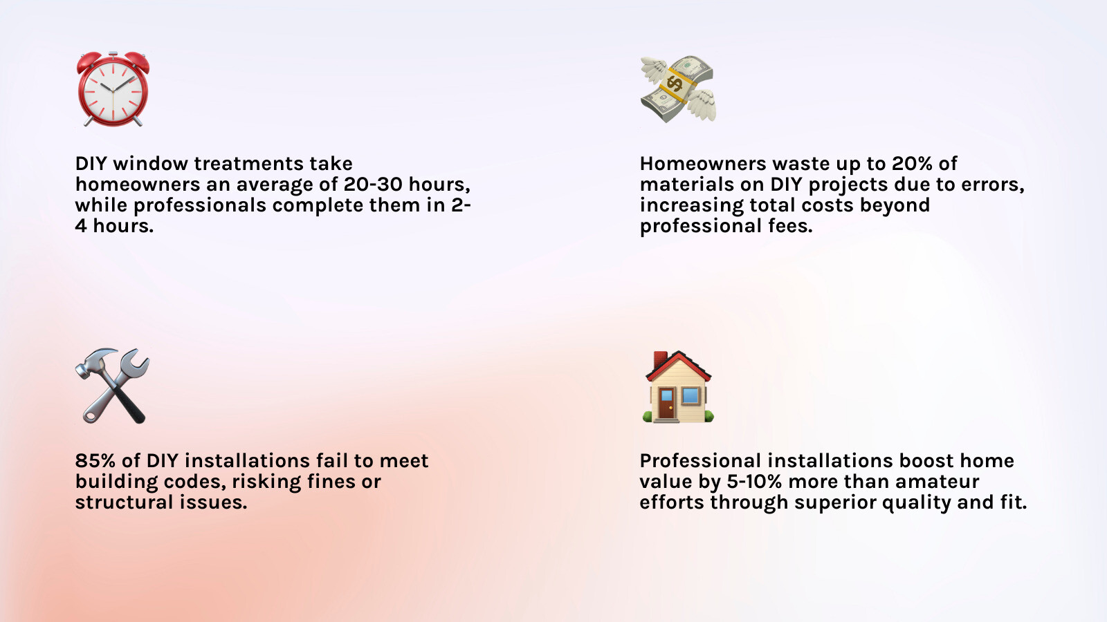 Infographic showing DIY vs Professional decision matrix with factors including project complexity, time available, skill level required, safety risks, tool needs, and long-term value impact - Why hire a professional? infographic 4_facts_emoji_light-gradient