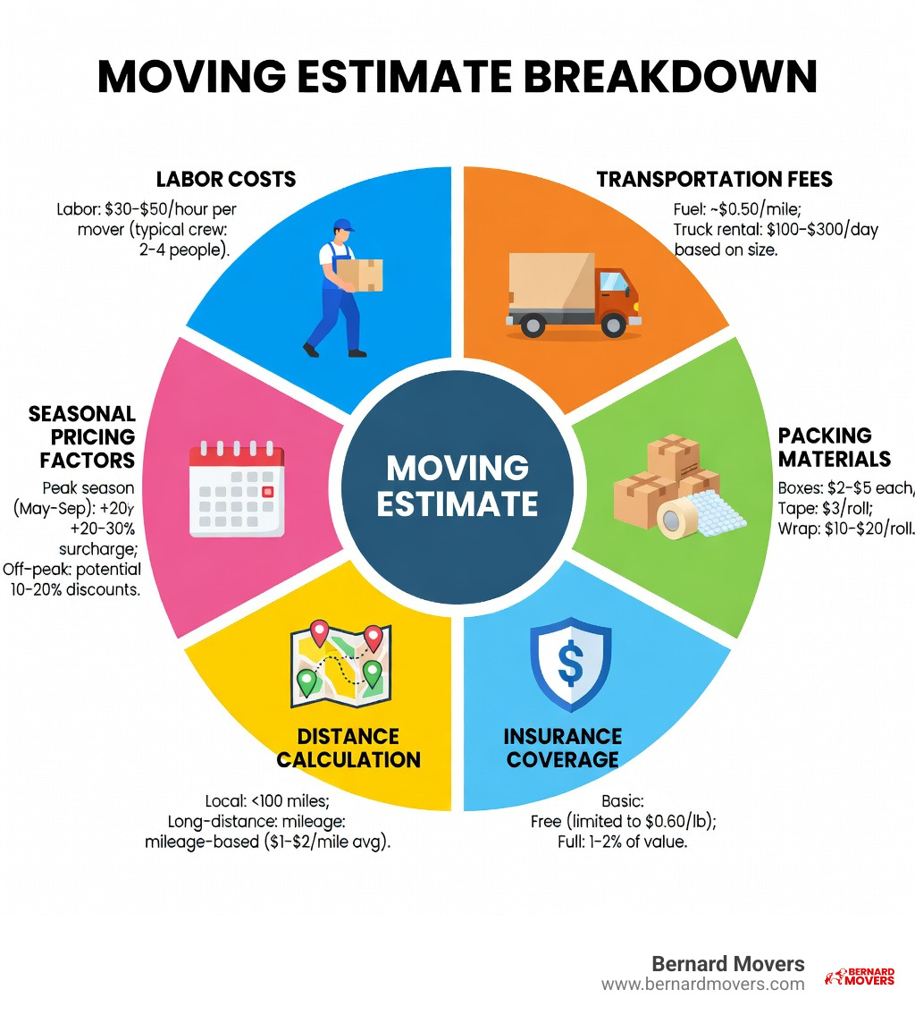 infographic showing breakdown of moving estimate components including labor costs, transportation fees, packing materials, insurance coverage, distance calculation, and seasonal pricing factors - moving company estimates infographic infographic showing breakdown of moving estimate components including labor costs, transportation fees, packing materials, insurance coverage, distance calculation, and seasonal pricing factors - moving company estimates infographic