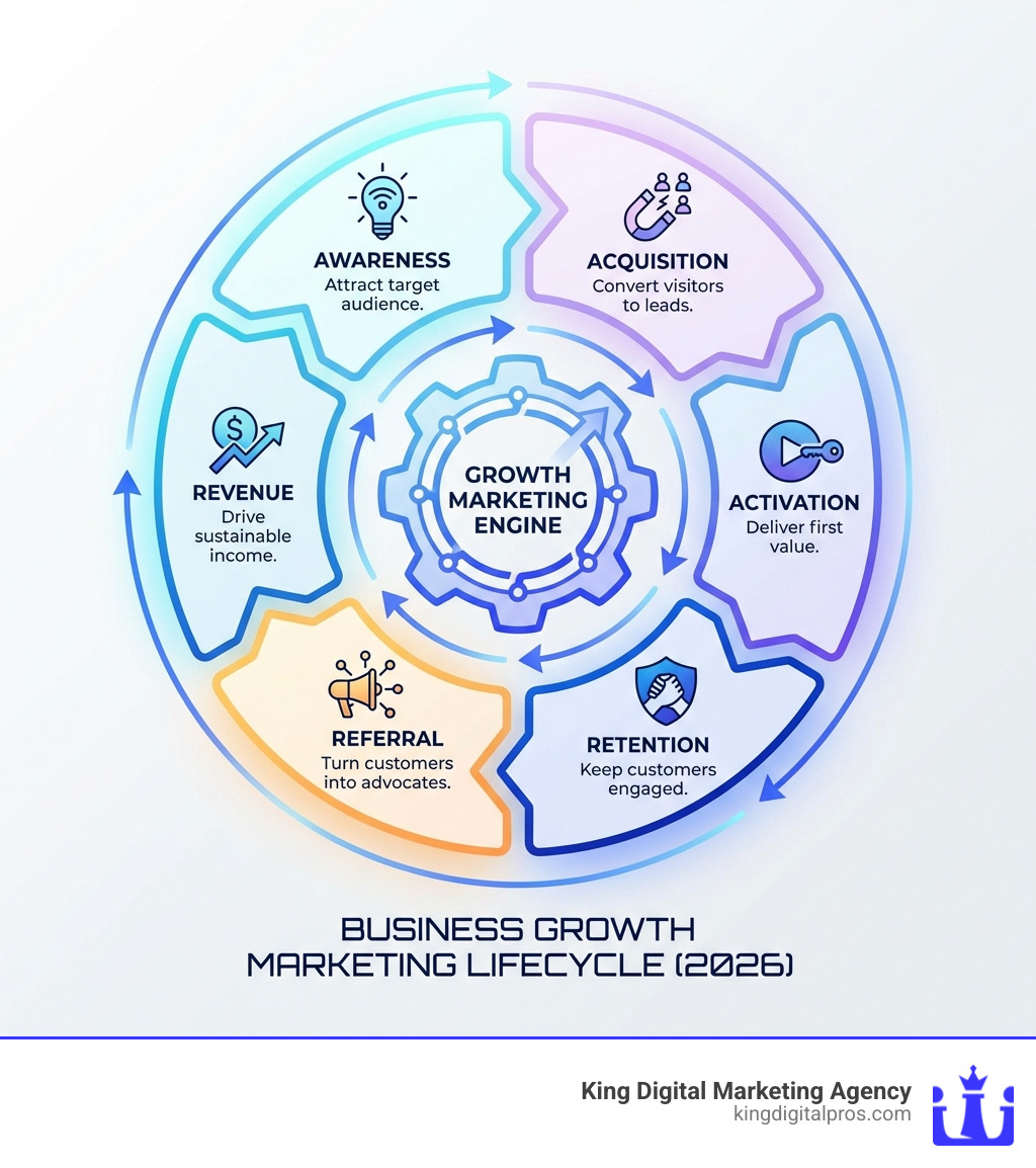 Infographic Showing The Business Growth Marketing Lifecycle From Awareness Through Acquisition, Activation, Retention, Referral, And Revenue Stages - Business Growth Marketing Infographic 