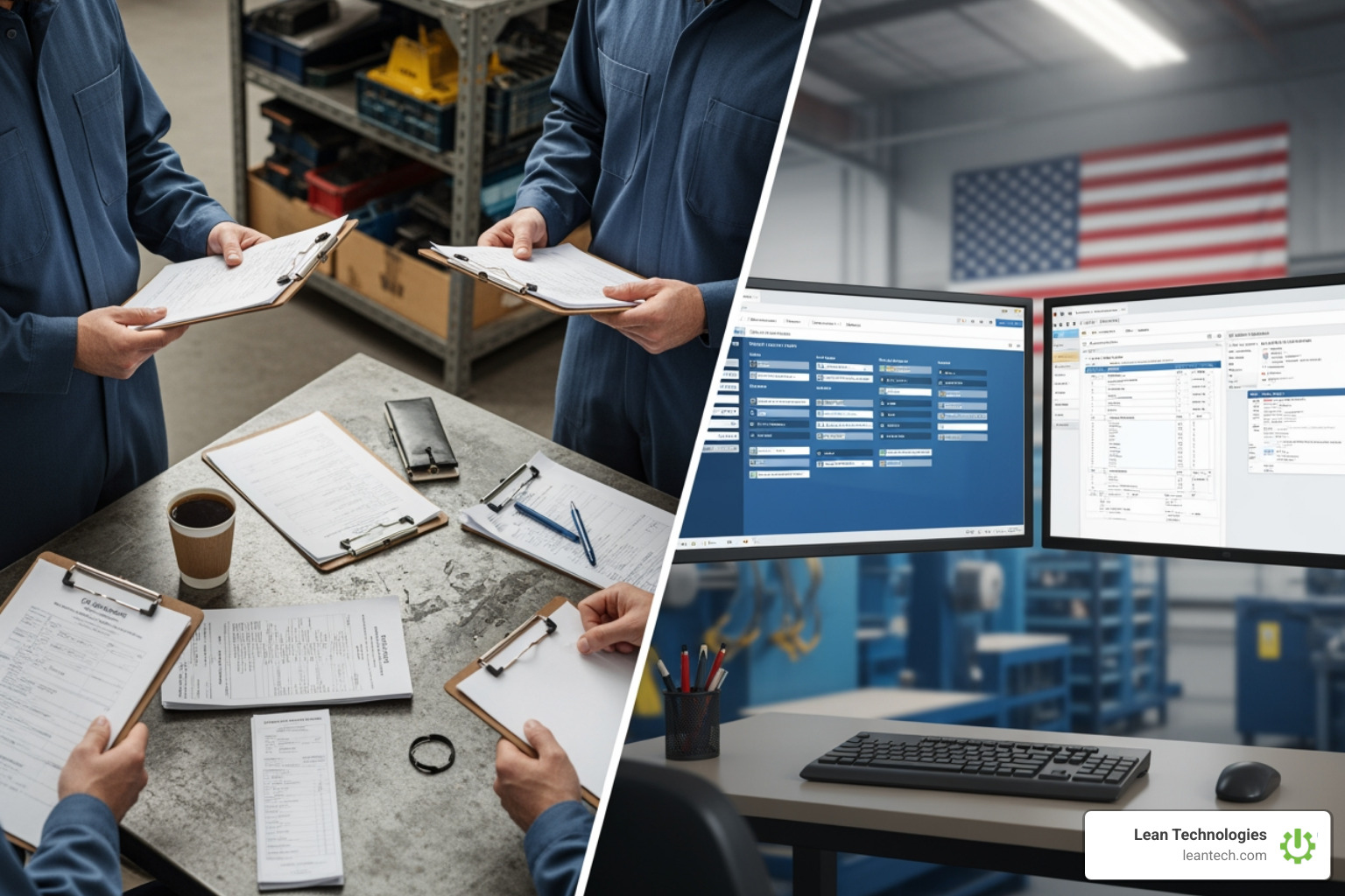 cluttered shop floor with paper work orders vs. a clean digital dashboard - maintenance work order cluttered shop floor with paper work orders vs. a clean digital dashboard - maintenance work order