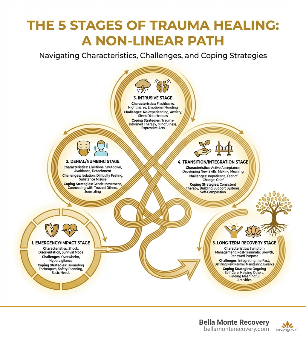 Infographic showing the 5 stages of trauma healing as a non-linear path with key characteristics, challenges, and coping strategies for each stage - 5 stages of trauma healing infographic 
