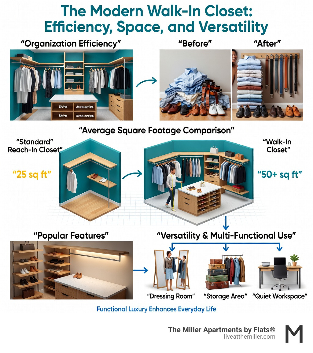 Infographic showing walk-in closet benefits including organization efficiency, average square footage comparisons between standard and walk-in closets, popular features like custom shelving and lighting, and versatility for multi-functional use - apartments with walk in closet infographic 
