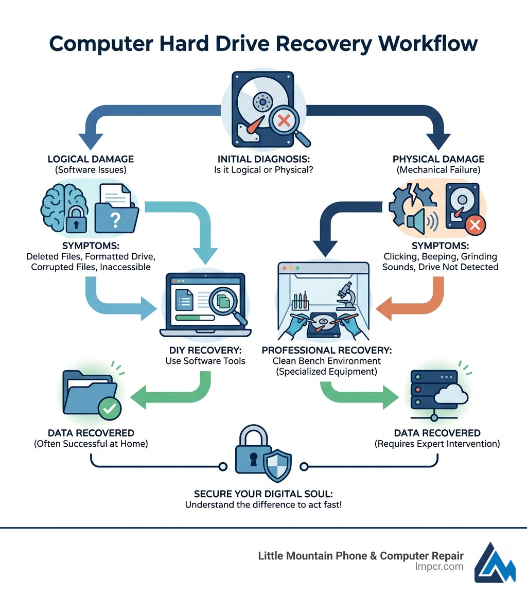 computer hard drive recovery workflow infographic showing diagnostic steps, DIY recovery for logical damage with software tools, and professional recovery for physical damage in clean bench environment - computer hard drive recovery infographic 