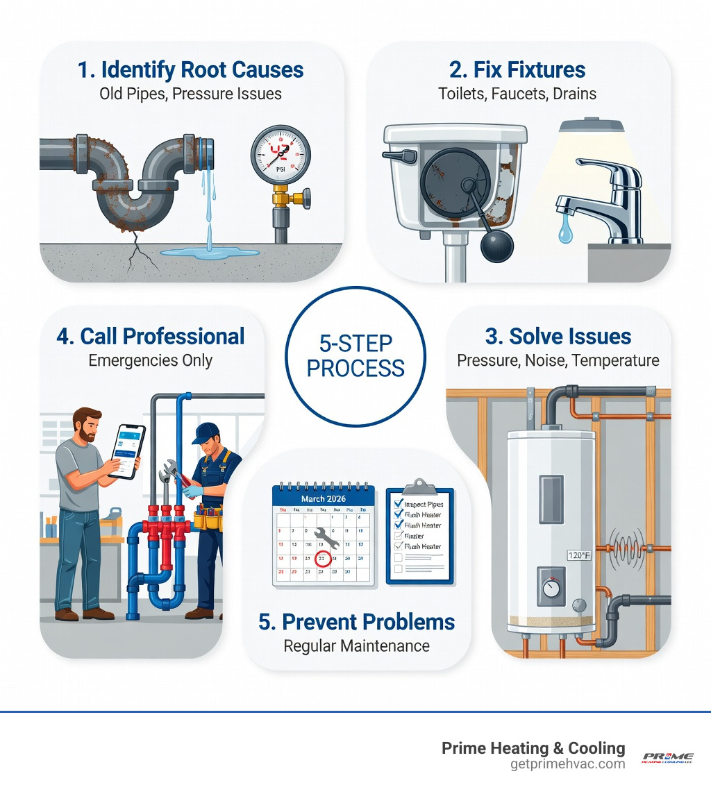 Infographic showing the 5-step plumbing troubleshooting process: Step 1 - Identify root causes like old pipes or pressure issues; Step 2 - Fix common fixture problems in toilets, faucets and drains; Step 3 - Solve water pressure, noise and temperature issues; Step 4 - Know when to call a professional for emergencies; Step 5 - Prevent future problems with regular maintenance - Plumbing Troubleshooting Questions infographic 
