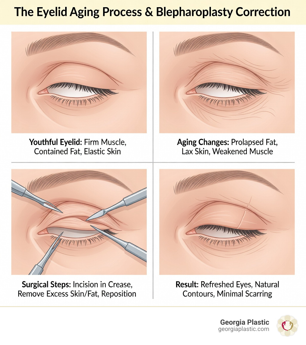 infographic showing the eyelid aging process with fat prolapse, skin laxity, muscle weakening, and how blepharoplasty addresses each concern through tissue removal and repositioning - eyelid surgery atlanta infographic 