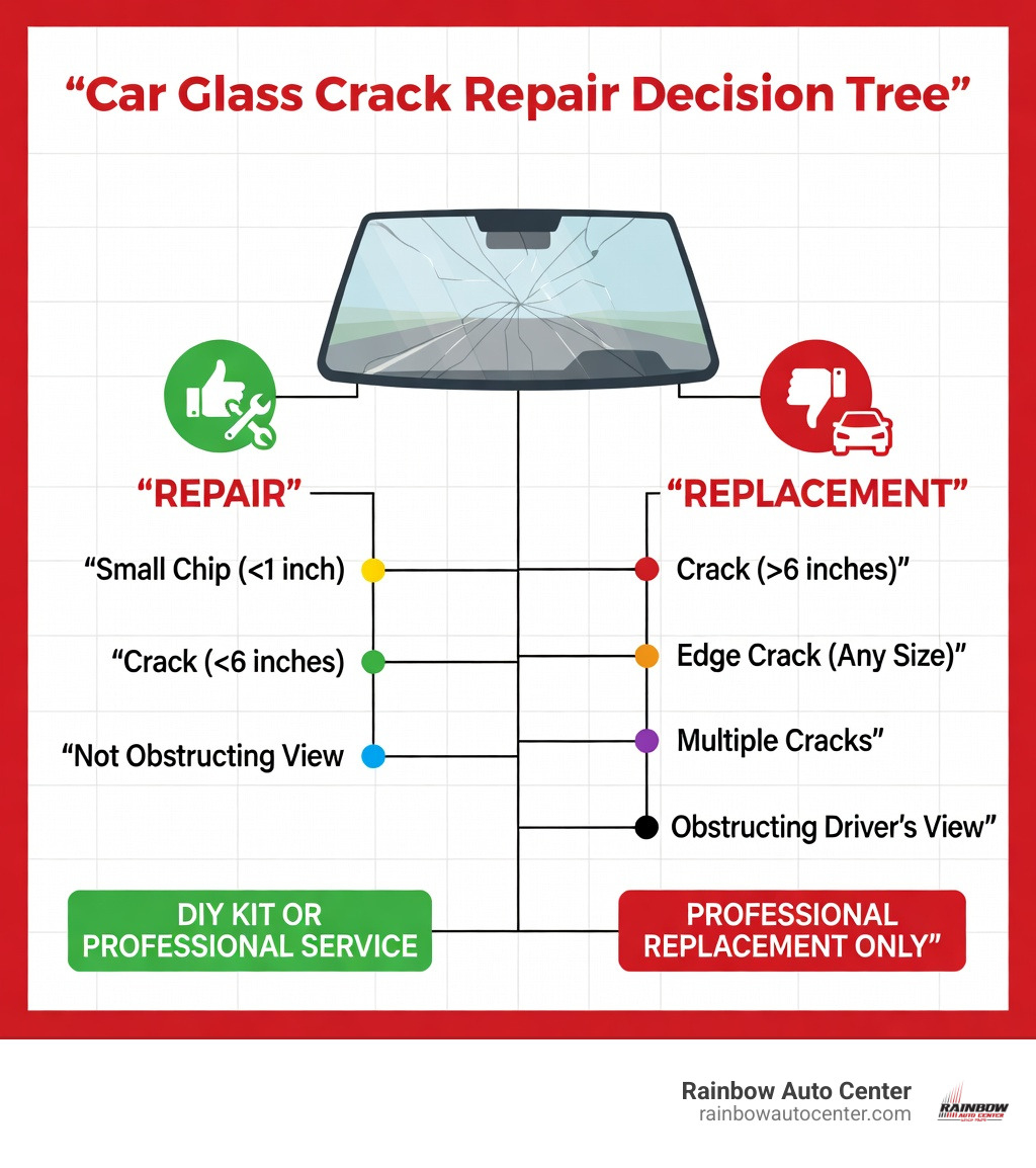infographic showing repair versus replacement decision tree based on crack size location and type - car glass crack repair infographic 