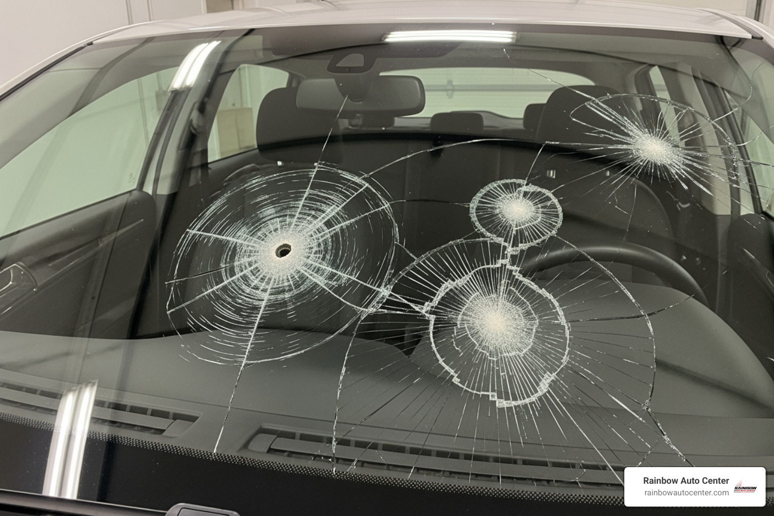 different windshield crack types bullseye star break and combination break - car glass crack repair