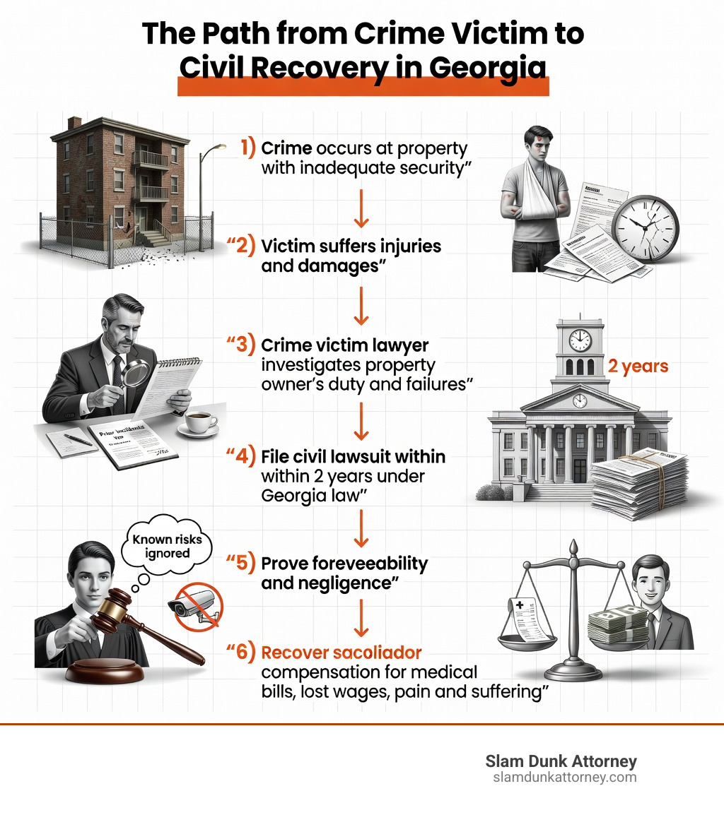 Infographic showing the path from crime victim to civil recovery in Georgia: 1) Crime occurs at property with inadequate security, 2) Victim suffers injuries and damages, 3) Crime victim lawyer investigates property owner's duty and failures, 4) File civil lawsuit within 2 years under Georgia law, 5) Prove foreseeability and negligence, 6) Recover compensation for medical bills, lost wages, pain and suffering - Crime victim lawyer Georgia infographic 