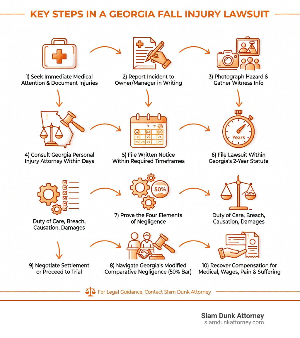 Infografía que muestra los pasos clave en una demanda por lesiones por caída en Georgia: 1) Busque atención médica inmediata y documente las lesiones, 2) Notifique el incidente por escrito al propietario o al administrador del inmueble, 3) Fotografíe el peligro y recopile información de los testigos, 4) Consulte a un abogado especializado en lesiones personales de Georgia en los días siguientes, 5) Presente una notificación por escrito dentro de los plazos establecidos (que pueden ser tan cortos como de 7 a 60 días para algunas propiedades), 6) Presentar la demanda dentro del plazo de prescripción de 2 años de Georgia, 7) Demostrar los cuatro elementos: deber de cuidado, incumplimiento, causalidad y daños, 8) Navegar por la regla de negligencia comparativa modificada de Georgia (regla 50%), 9) Negociar un acuerdo o proceder a juicio, 10) Recuperar una indemnización por gastos médicos, salarios perdidos y dolor y sufrimiento - infografía sobre demandas por lesiones por caídas Infographic showing the key steps in a Georgia fall injury lawsuit: 1) Seek immediate medical attention and document injuries, 2) Report the incident to property owner or manager in writing, 3) Photograph the hazard and gather witness information, 4) Consult a Georgia personal injury attorney within days, 5) File written notice within required timeframes (as short as 7-60 days for some properties), 6) File lawsuit within Georgia's 2-year statute of limitations, 7) Prove the four elements: duty of care, breach, causation, and damages, 8) Navigate Georgia's modified comparative negligence rule (50% bar), 9) Negotiate settlement or proceed to trial, 10) Recover compensation for medical expenses, lost wages, and pain and suffering - fall injury lawsuit infographic