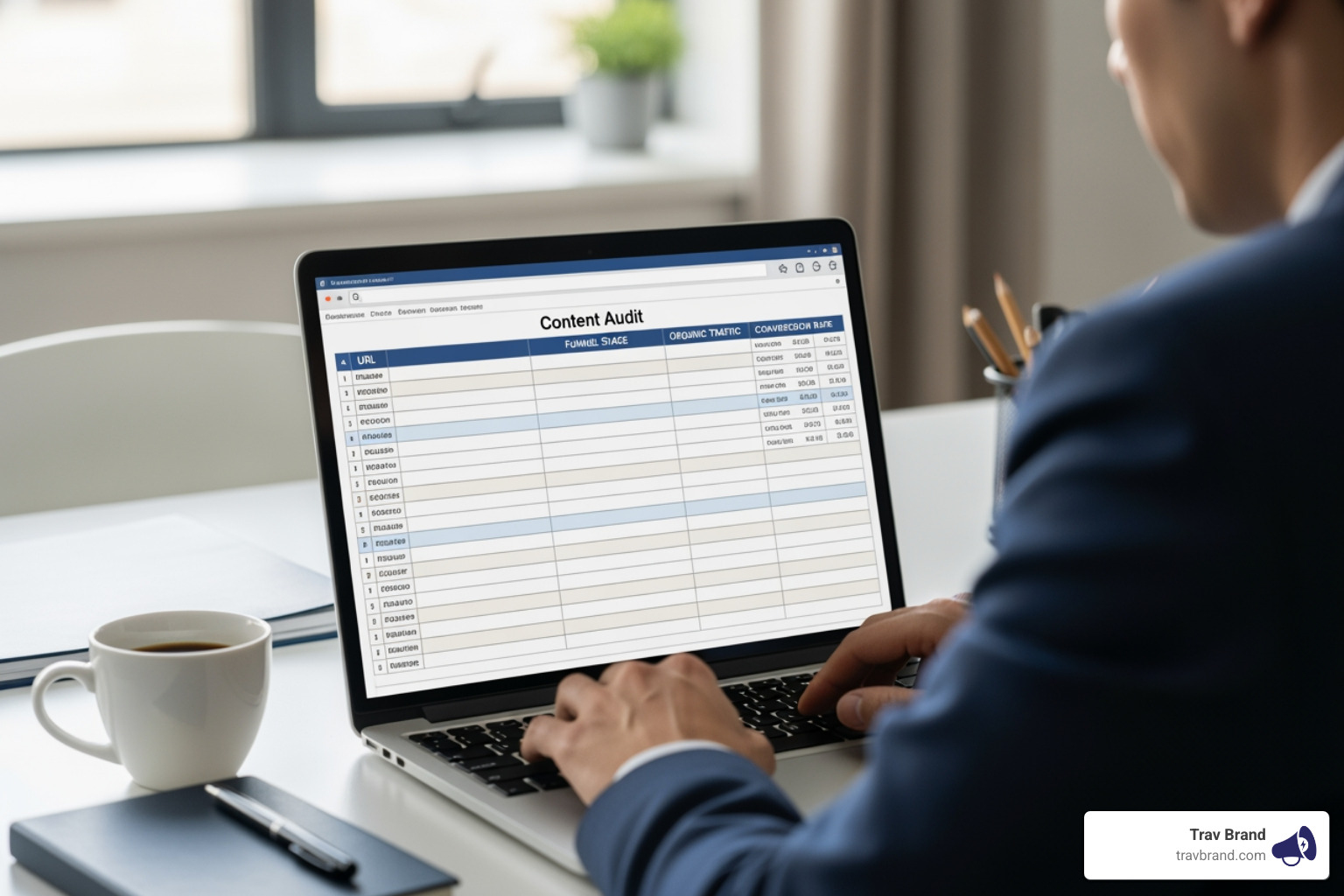 small business marketer reviewing a content audit spreadsheet with columns for URL, funnel stage, organic traffic, and conversion rate - content marketing planning small business marketer reviewing a content audit spreadsheet with columns for URL, funnel stage, organic traffic, and conversion rate - content marketing planning