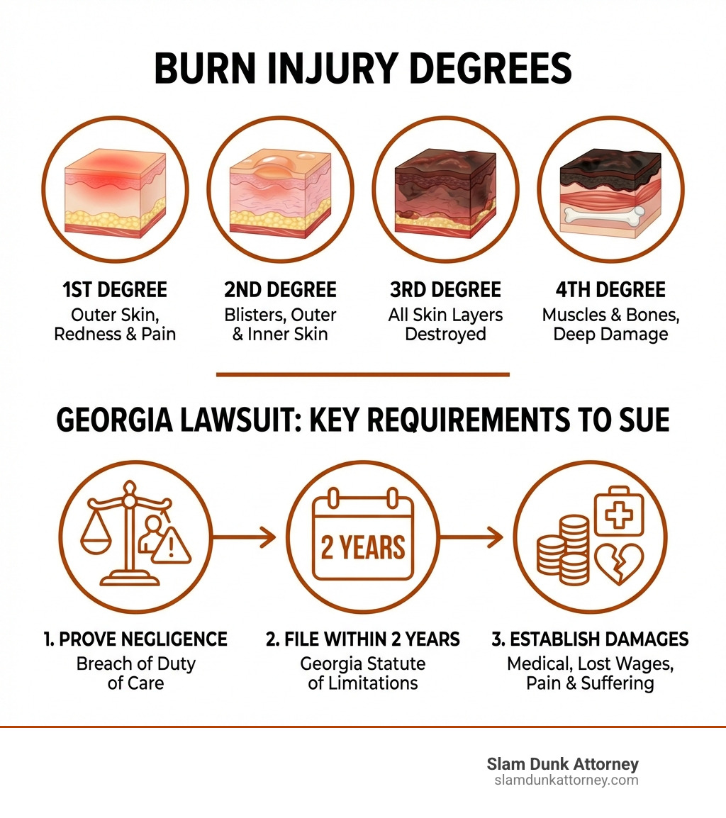 infographic showing burn injury degrees with first-degree affecting outer skin, second-degree causing blisters, third-degree destroying all skin layers, and fourth-degree damaging muscles and bones, plus key requirements to sue for burn injury in Georgia including proving negligence, filing within two years, and establishing damages - sue for burn injury infographic 