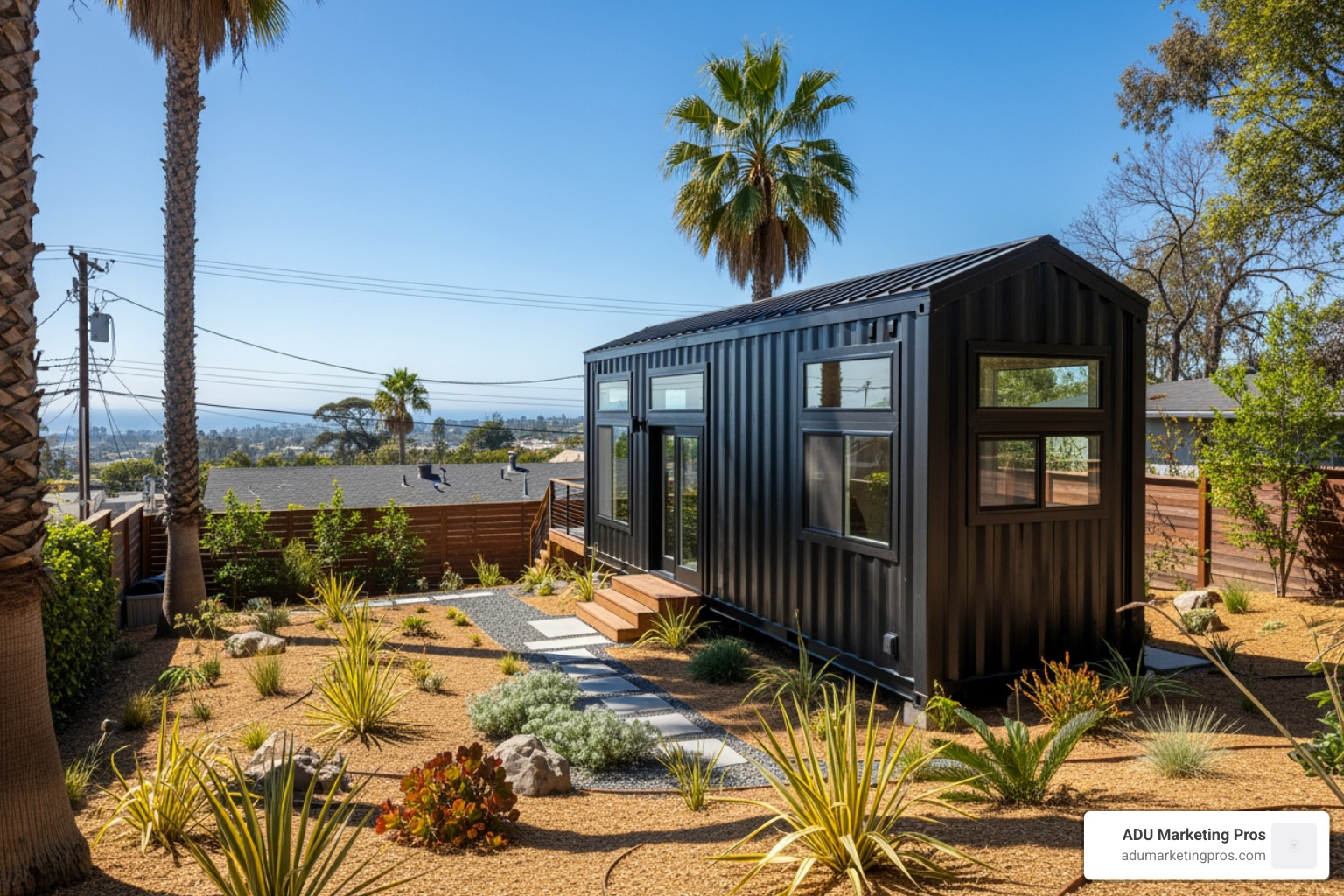 Sleek black container-style tiny home in a San Diego backyard - SoCal tiny homes