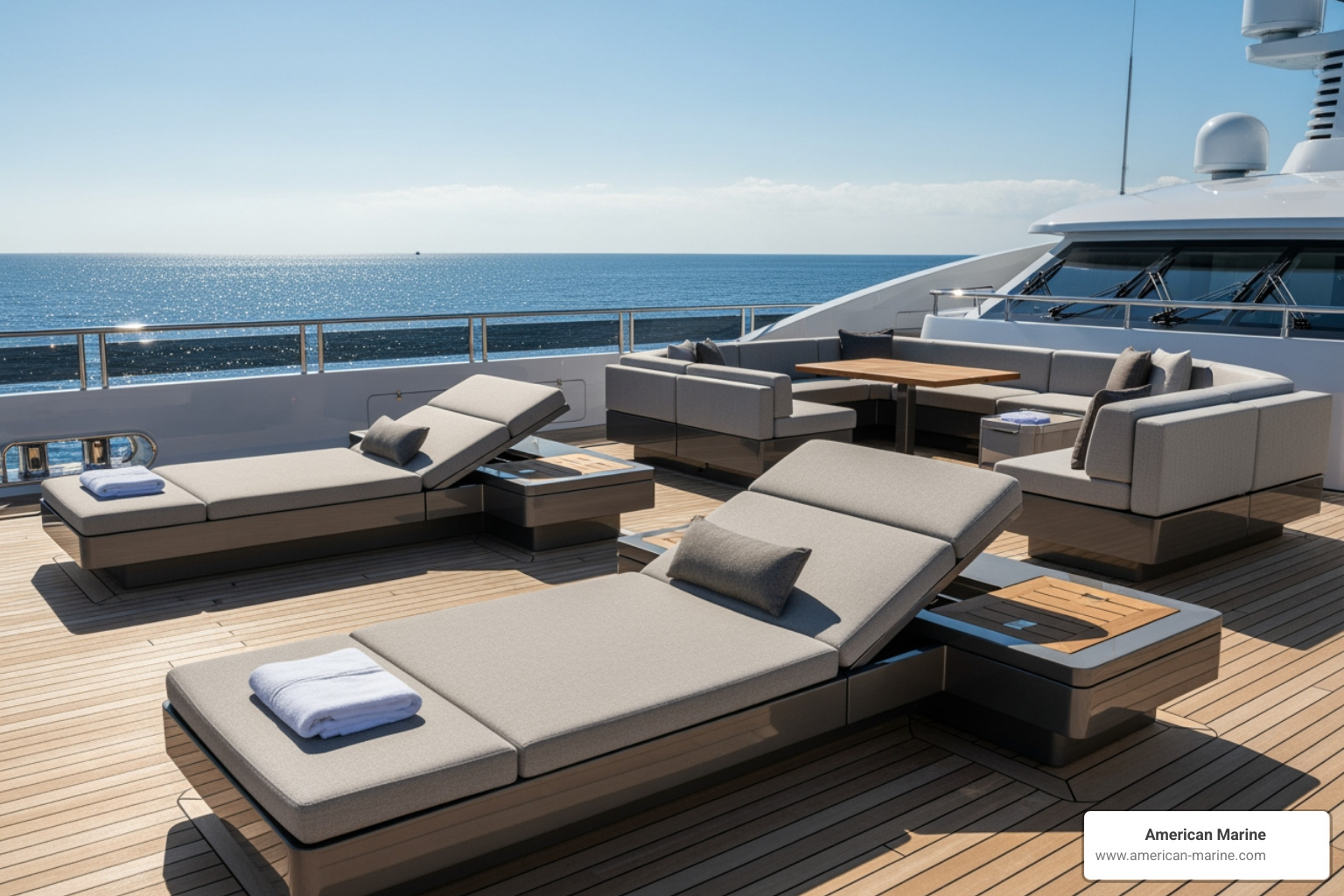 Custom sun loungers and modular seating on a teak deck - Superyacht exterior furniture
