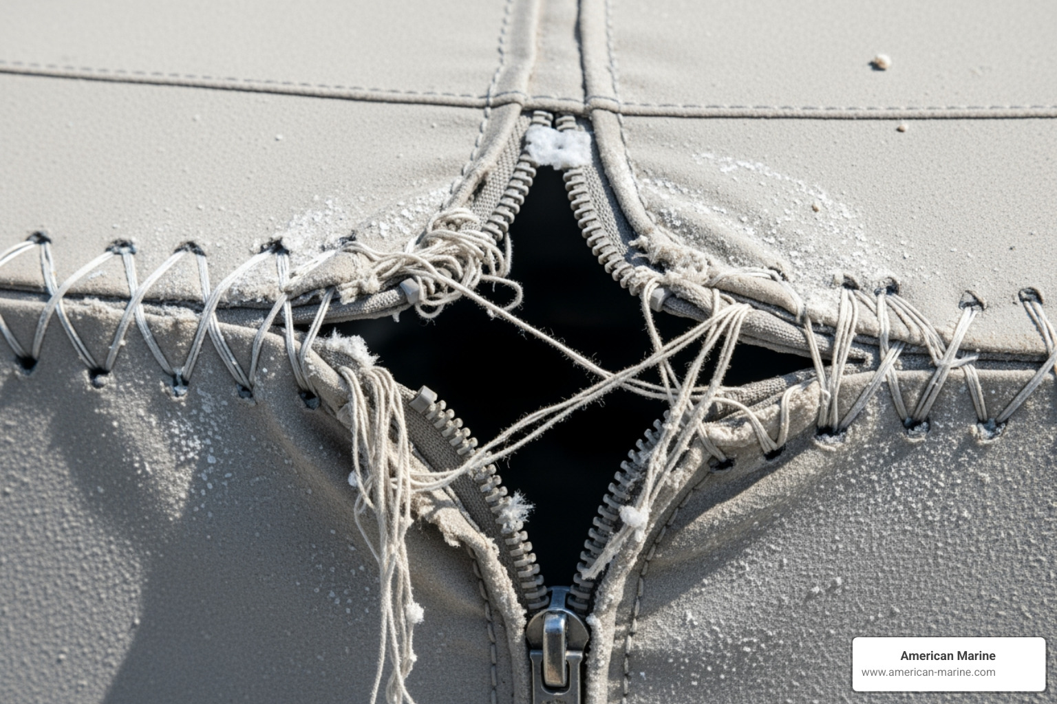 degraded marine stitching and failed seams on a yacht enclosure - boat covers repair near me